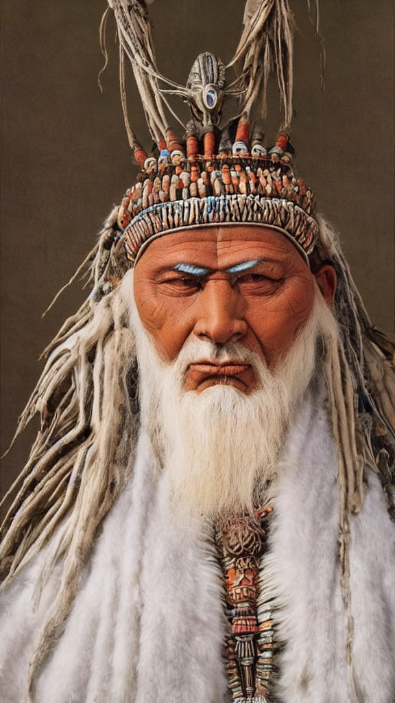 Illustration of stern Native American elder in feather headdress