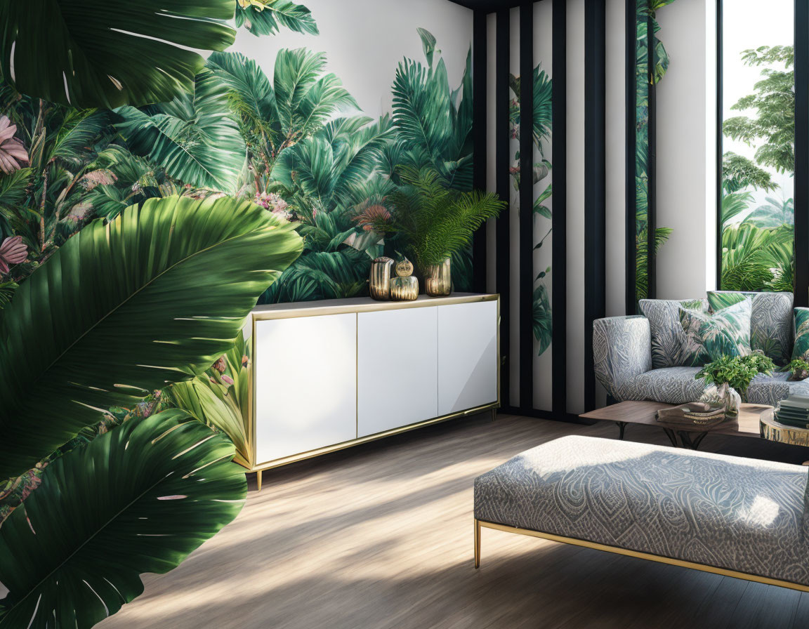 Modern living room with tropical wallpaper, white storage unit, patterned sofa, wooden floor