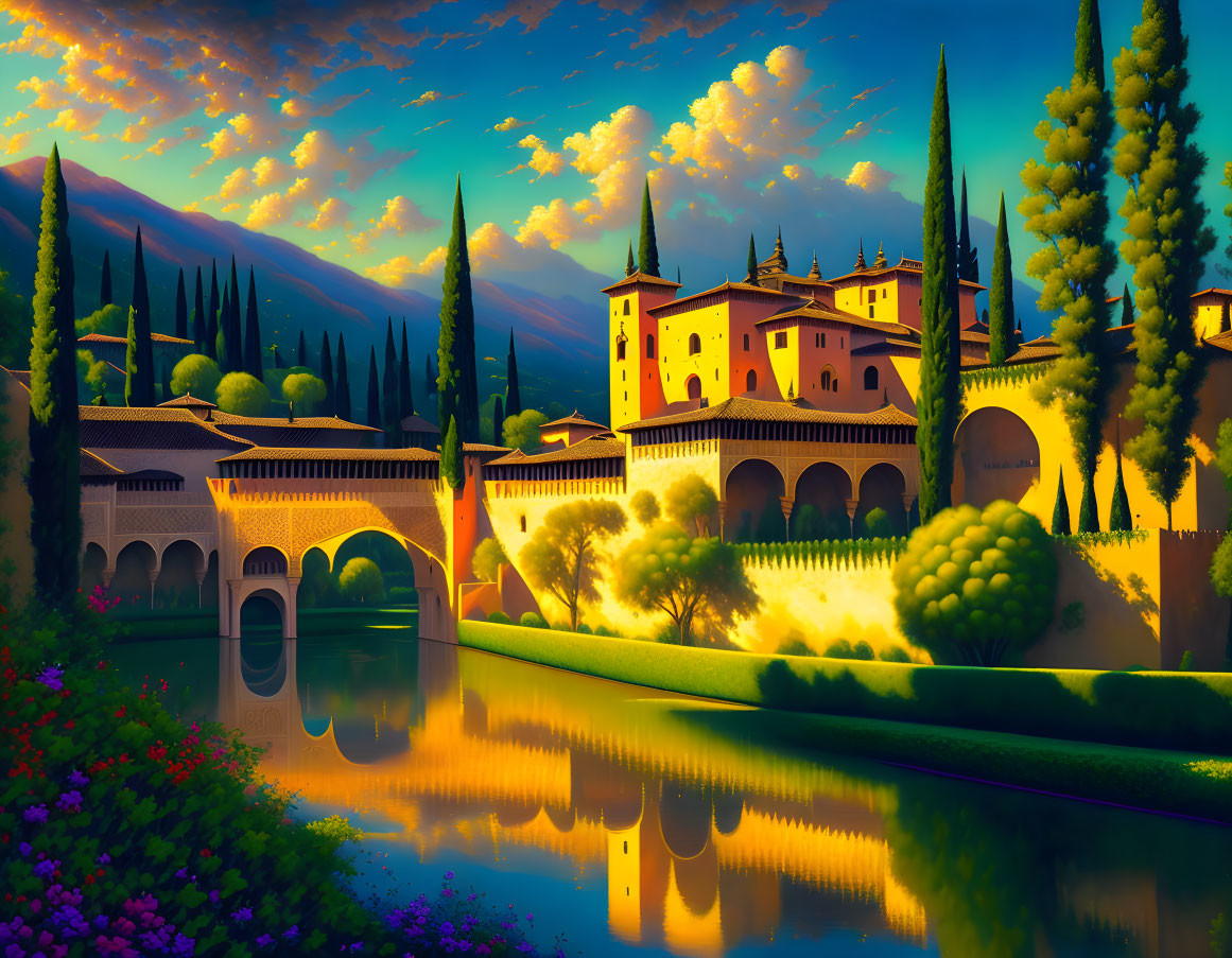 Colorful Italian Villa Illustration by River at Sunset