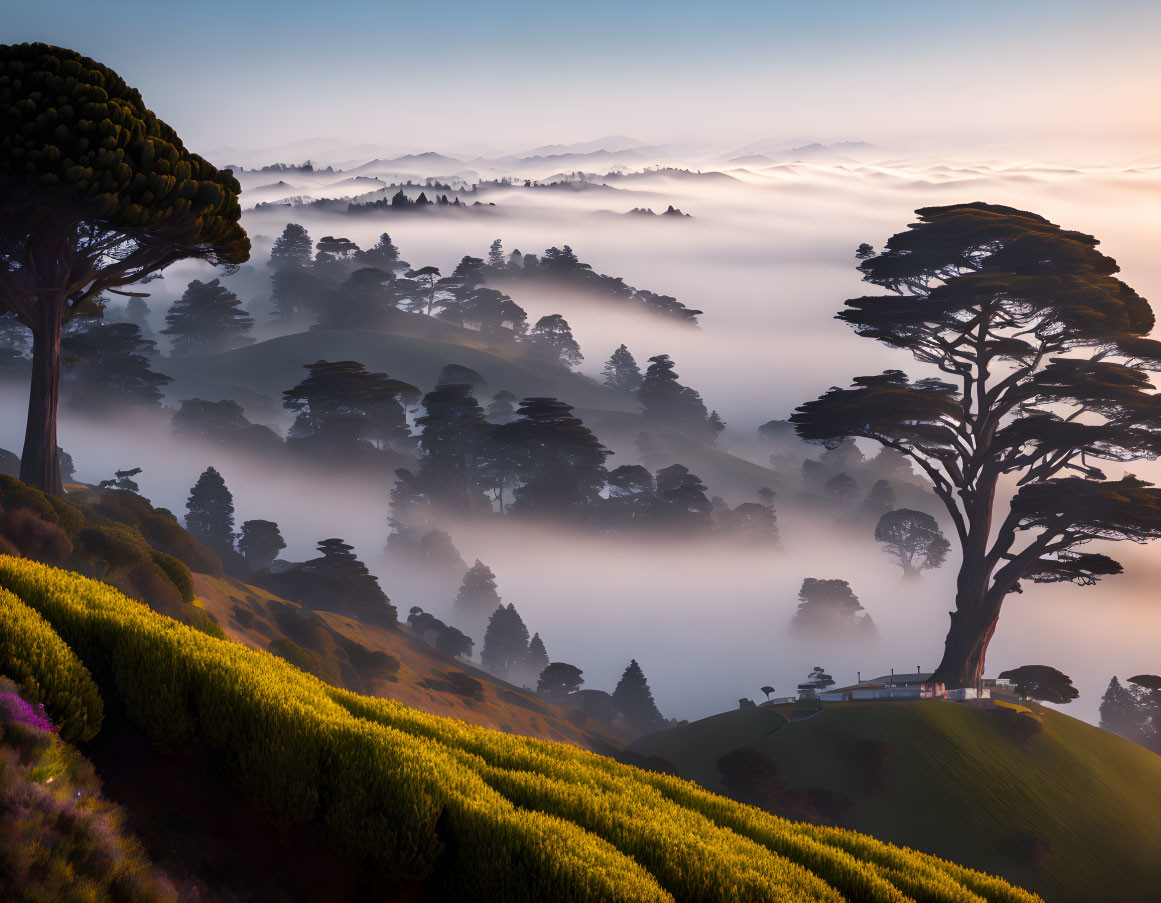 Scenic misty hills with vibrant greenery and silhouetted trees at sunrise