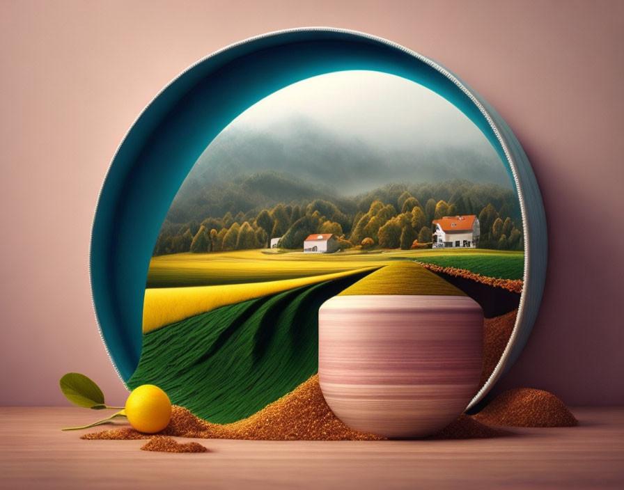 Circular Frame Surrealistic Artwork: Rolling Landscape, Trees, Houses, Ball, Leaf