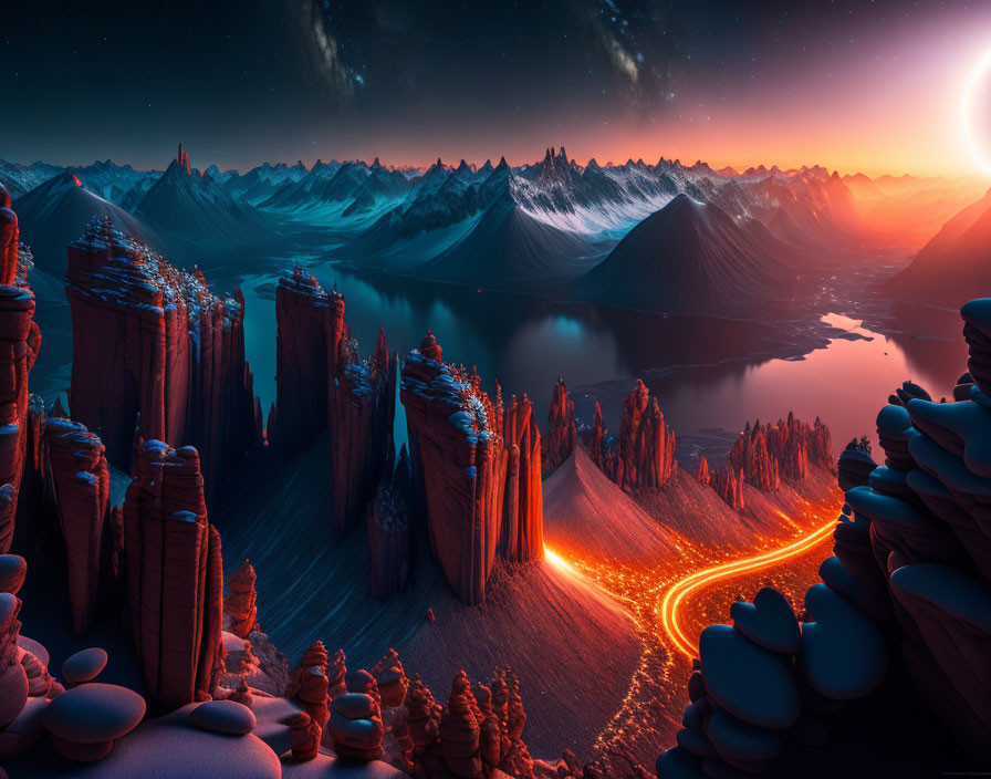 Surreal landscape with glowing lava streams, steep rock formations, lakes, and mountains at sunset