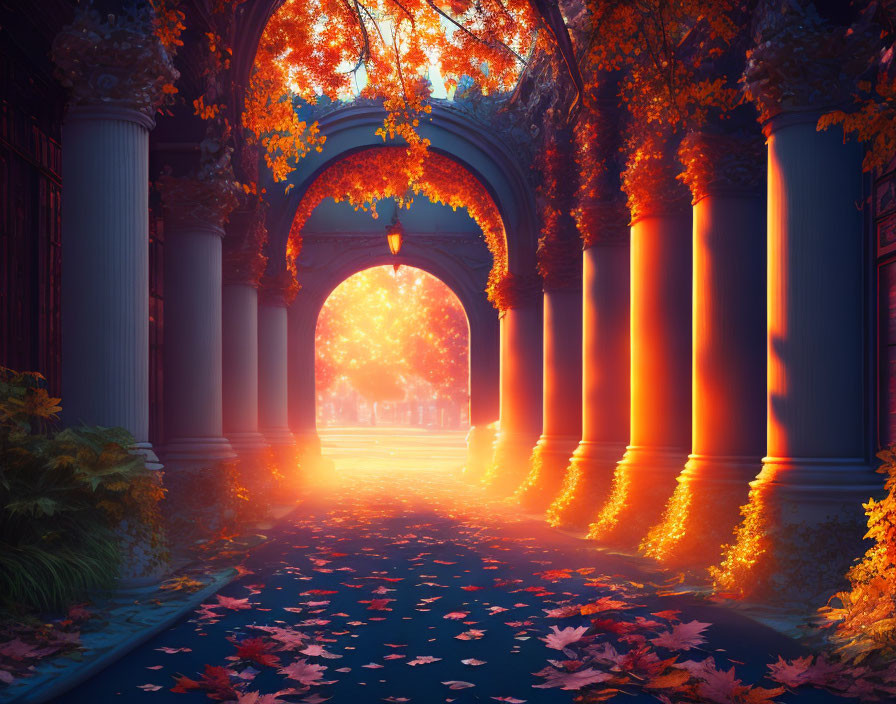Autumn archway with sunlight filtering through vibrant leaves