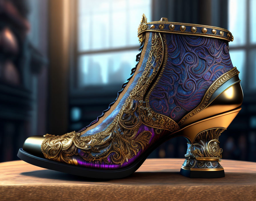 Elegant high-heeled shoe with gold accents on wooden floor by large windows