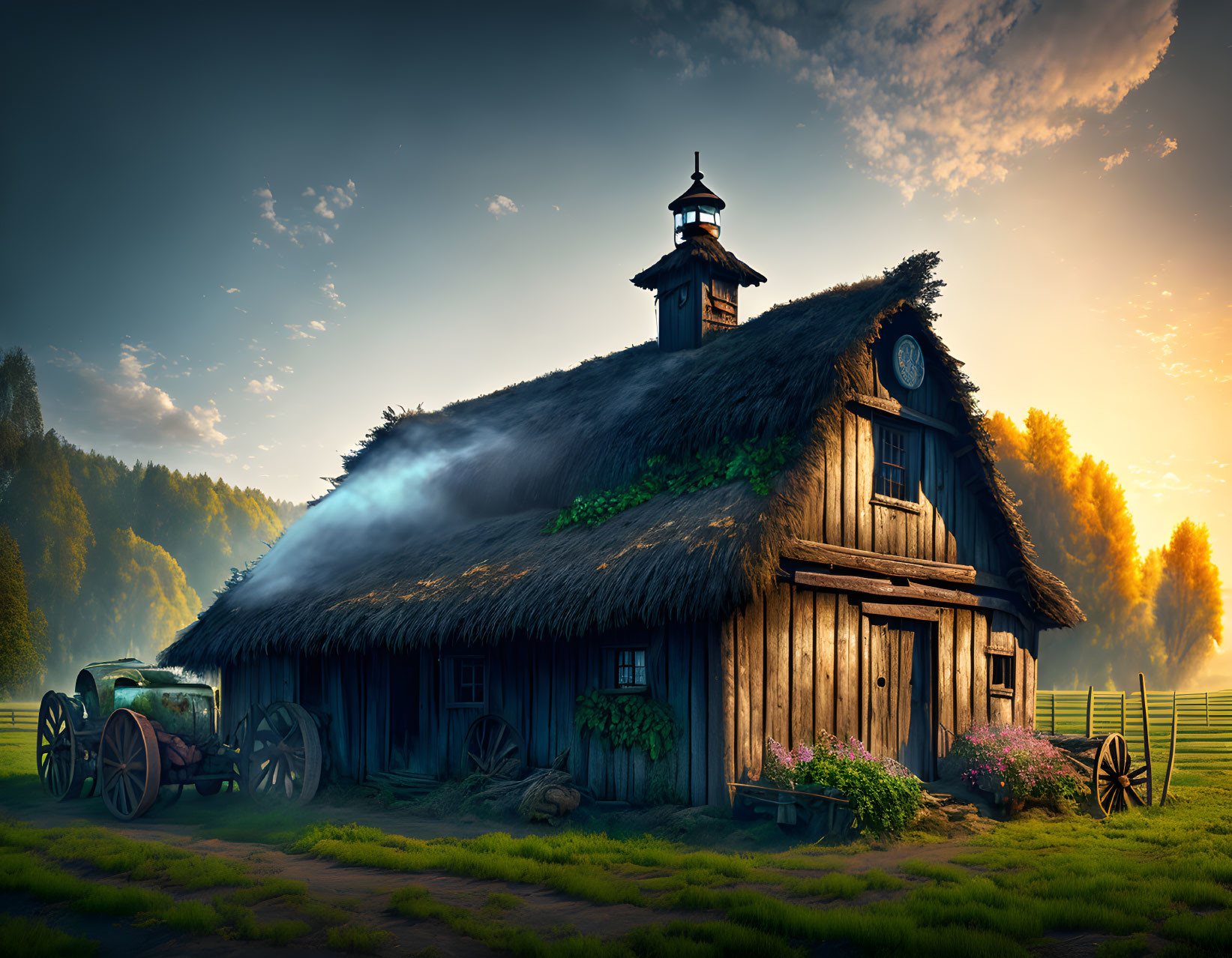 Thatched Cottage with Lighthouse Design, Chimney Smoke, Tractor, Greenery at Sunrise/S