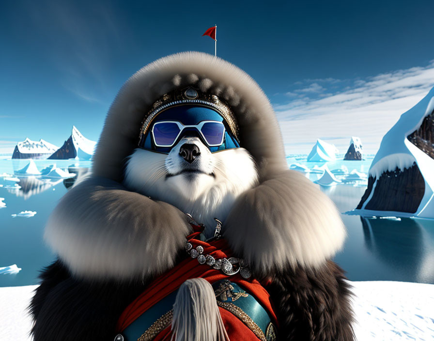 Anthropomorphic dog in Inuit attire against Arctic backdrop