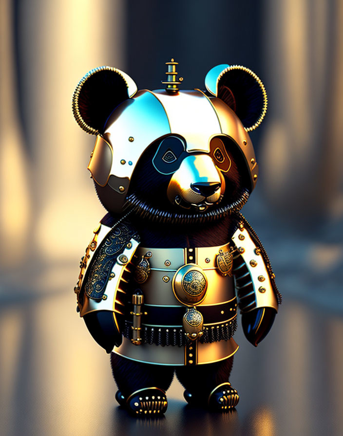 Intricate gold and metallic blue robotic panda illustration