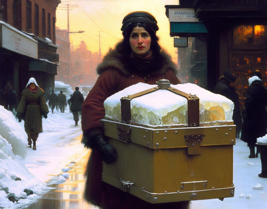 Vintage winter city scene with woman in early 20th-century attire carrying trunk