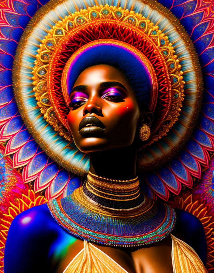 Colorful digital portrait of woman with radiant headdress & metallic jewelry