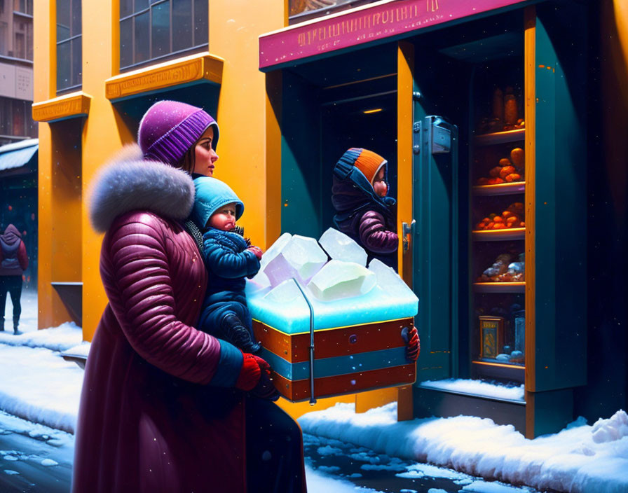 Mother with two children in snow passing bakery with blue door