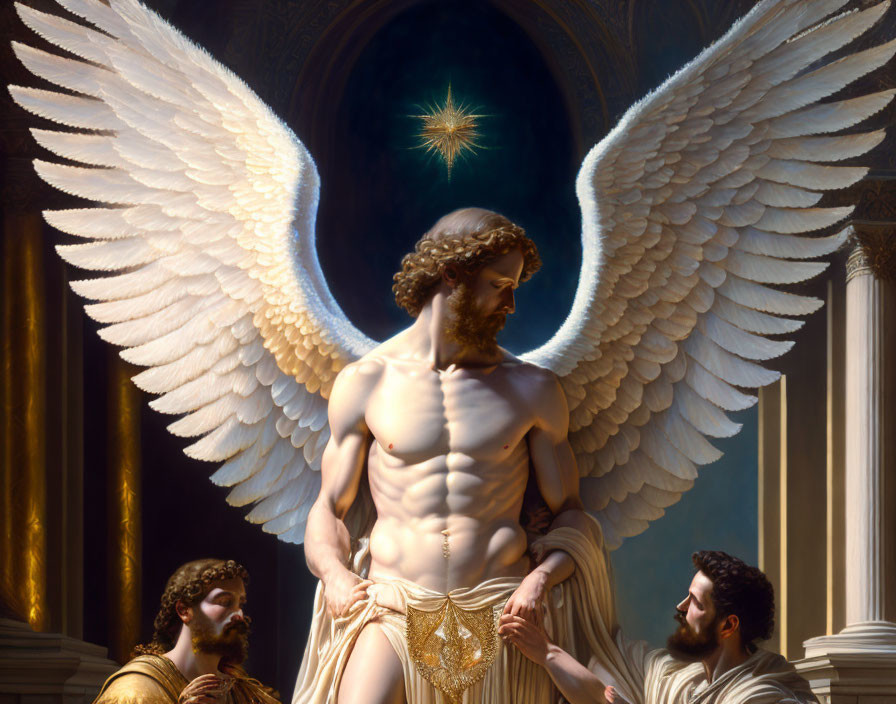 Classical painting of muscular angel with white wings and admirers