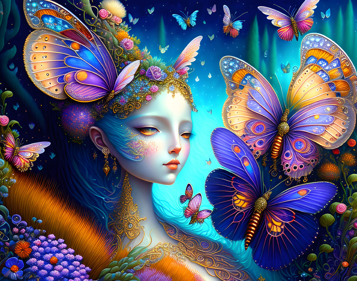Surreal female portrait with butterfly hair, flowers, and butterflies on dark blue.