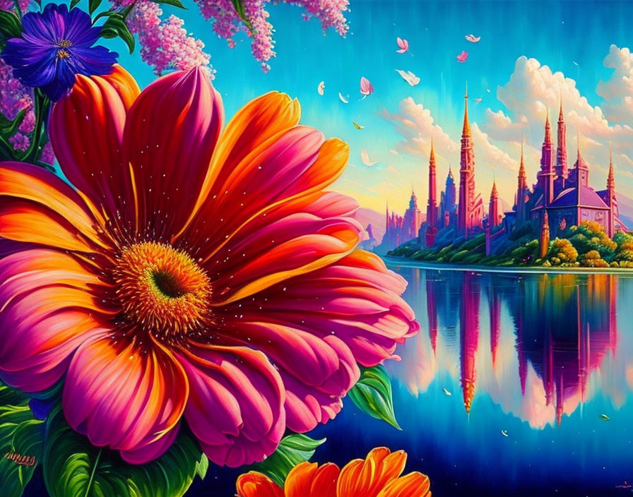 Colorful painting of red flower, fantasy castle, water reflection, bright sky, and butterflies