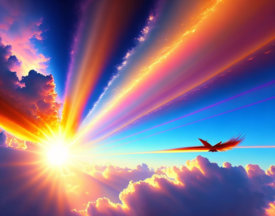 Colorful Sunrise with Sunbeams, Fluffy Clouds, and Silhouetted Bird