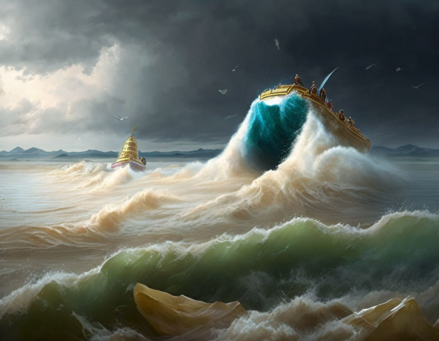 Golden Ship Sailing on Towering Wave in Stormy Seas