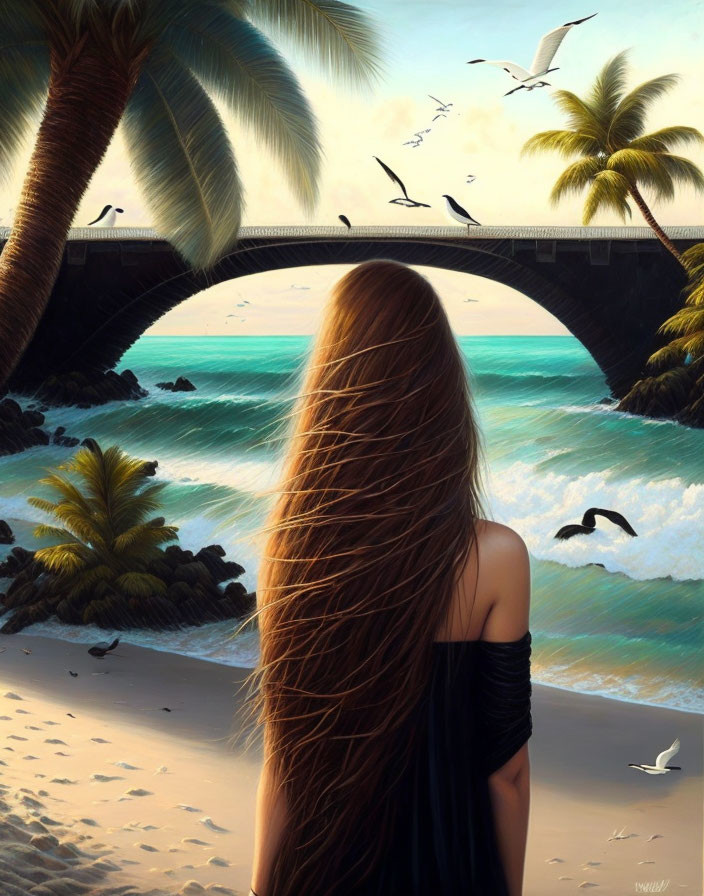 Long-haired woman overlooking tropical beach with palm trees and stone bridge.