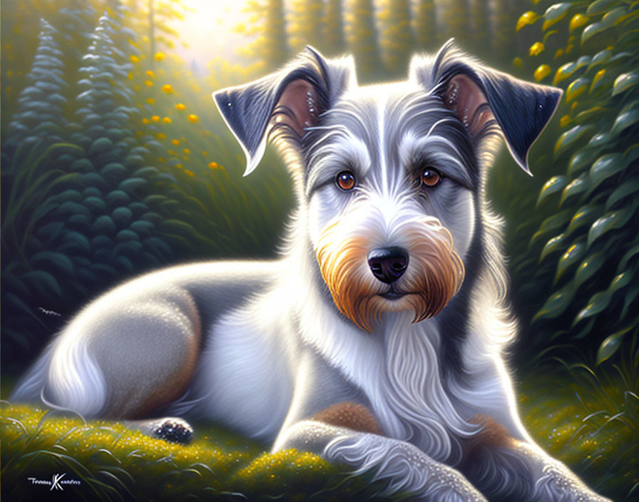 Realistic gray and white dog in sunlit field with greenery and yellow flowers