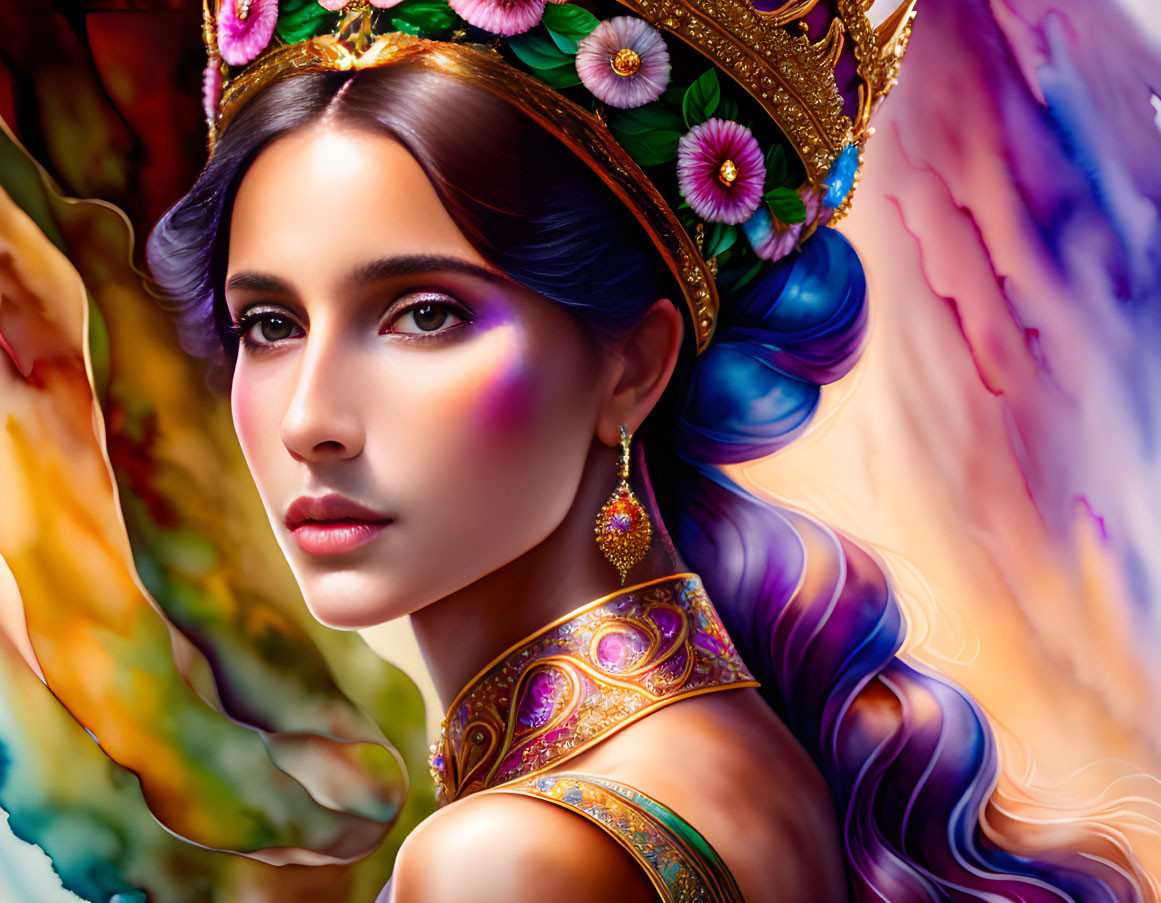 Colorful digital artwork featuring woman with ornate crown and butterfly motif