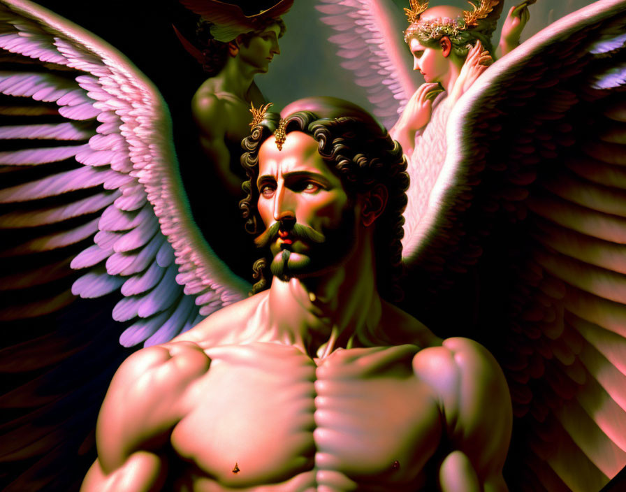 Illustration of muscular man with angelic wings and two winged figures in moody setting