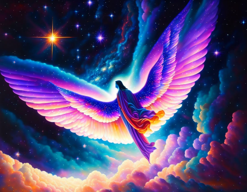 Colorful angel with majestic wings soaring in dreamlike sky