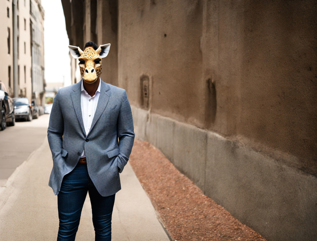 Person in sharp suit and jeans with giraffe mask on urban street.