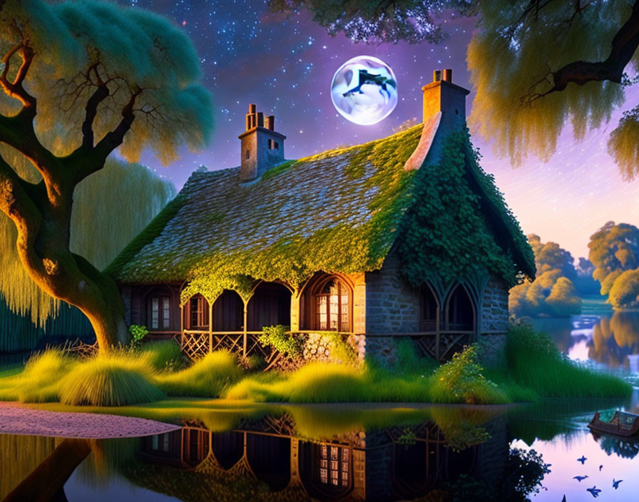 Thatched Cottage by Calm River at Twilight with Full Moon and Dolphin Silhouette