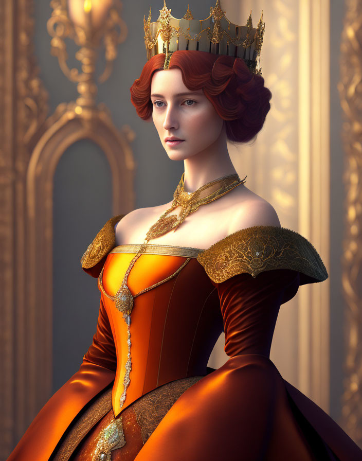 Regal woman with red hair in ornate crown and lavish orange dress