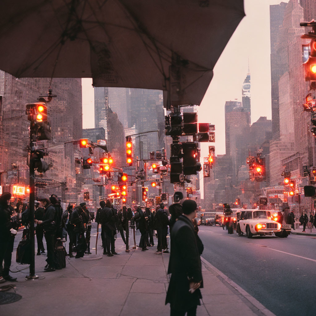 City street scene at dusk: traffic lights, pedestrians with umbrellas, vintage cars