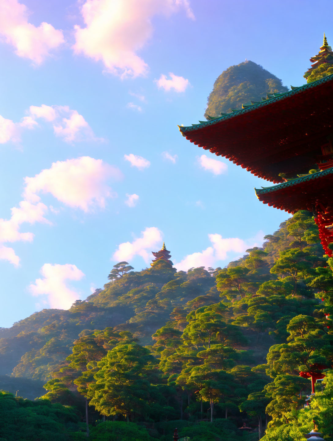 Traditional Pagoda Surrounded by Green Hills and Blue Sky