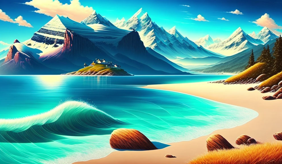 Digital artwork of serene beach with turquoise waves, stones, and snow-capped mountains