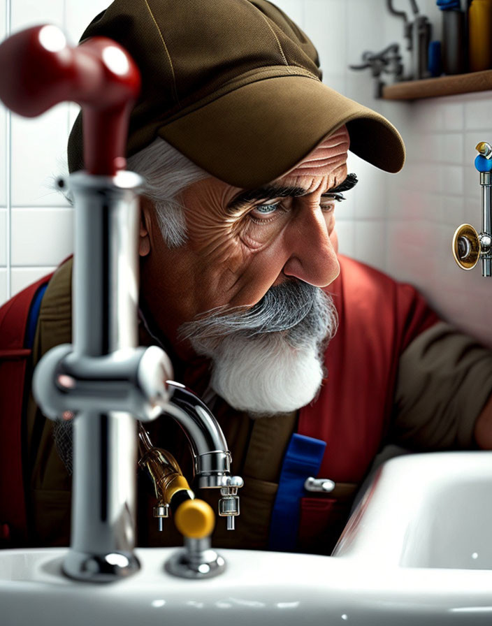 Elderly man with white beard examining modern faucet in bathroom