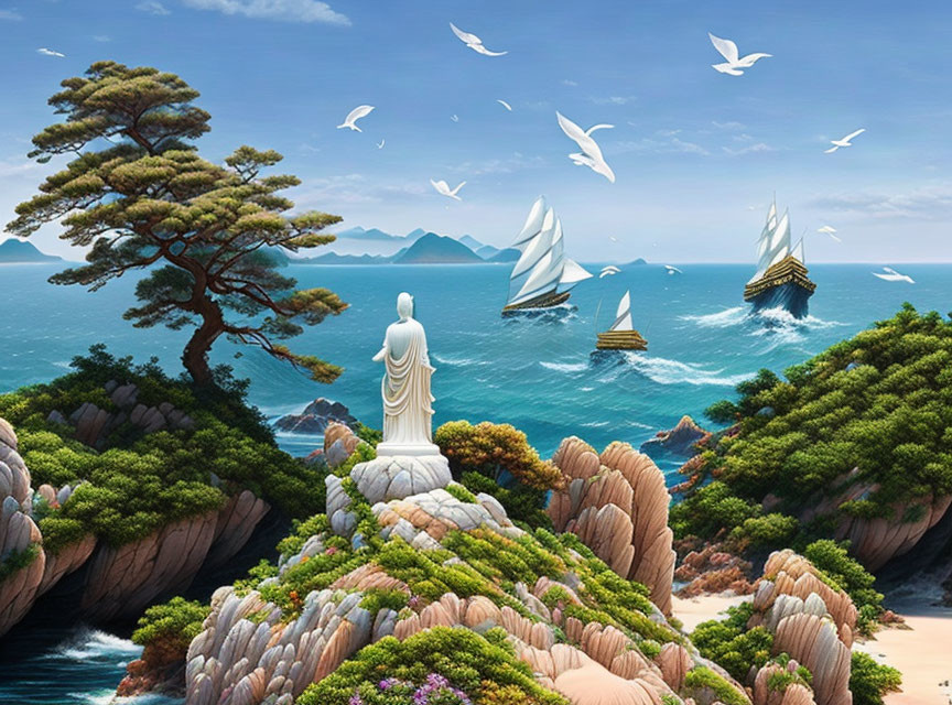 Tranquil Buddha statue by the sea with sailboats and birds