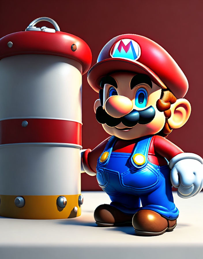 3D illustration of animated character Mario next to red & white pipe