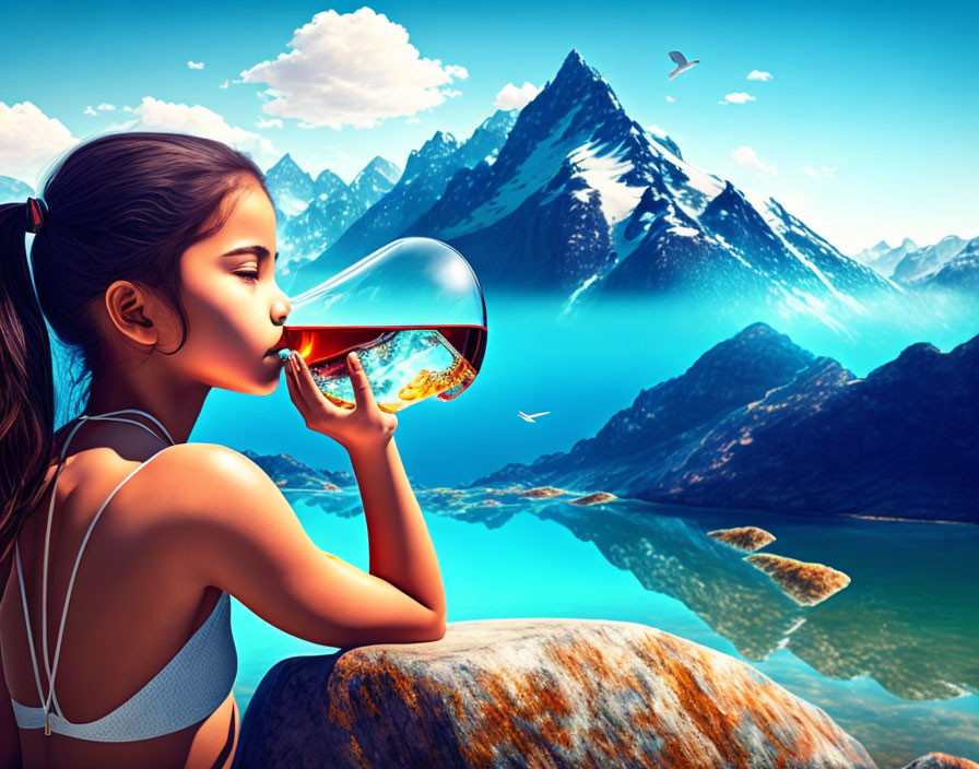 Young girl blowing bubbles with majestic mountains and serene lake in background
