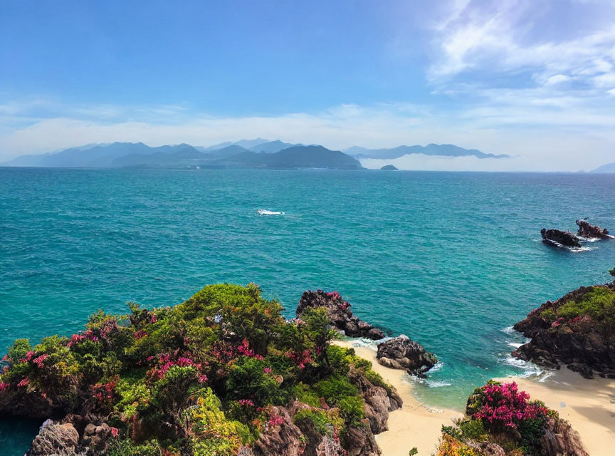 Picturesque Coastal Landscape with Turquoise Waters, Speedboat, Greenery, Flowers, and Mountains