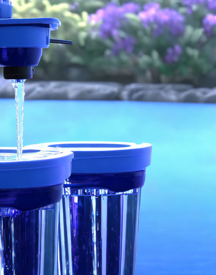 Water Filtration System with Pouring Water and Purple Flowers by Tranquil Pool