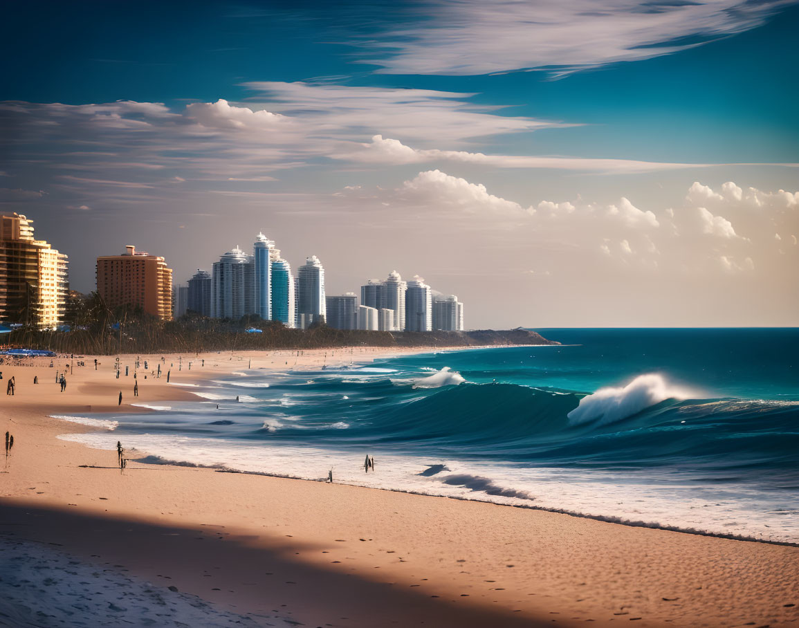 Beach scene with waves, people, and high-rise buildings under blue sky