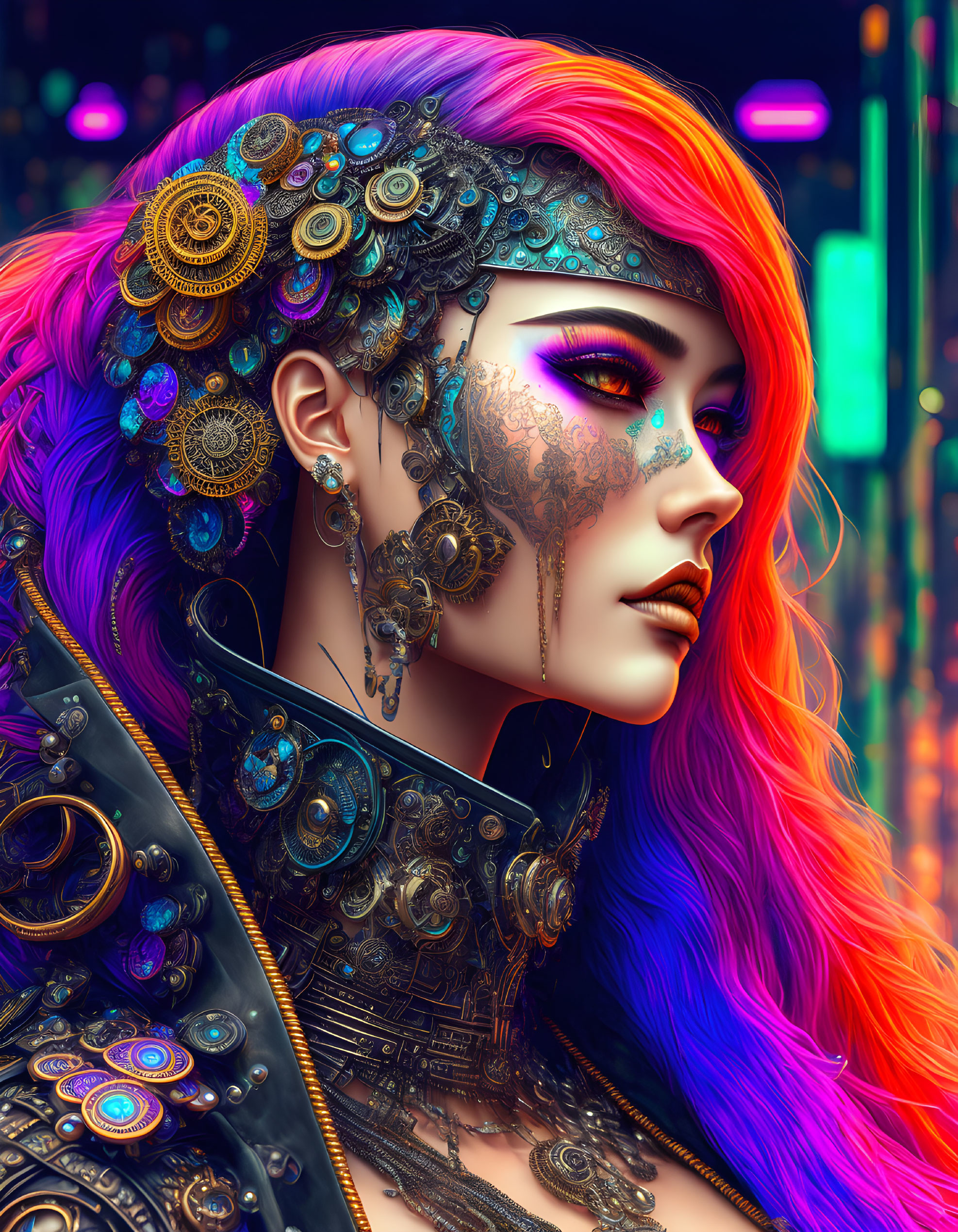 Colorful portrait of a woman with rainbow hair and steampunk headgear.
