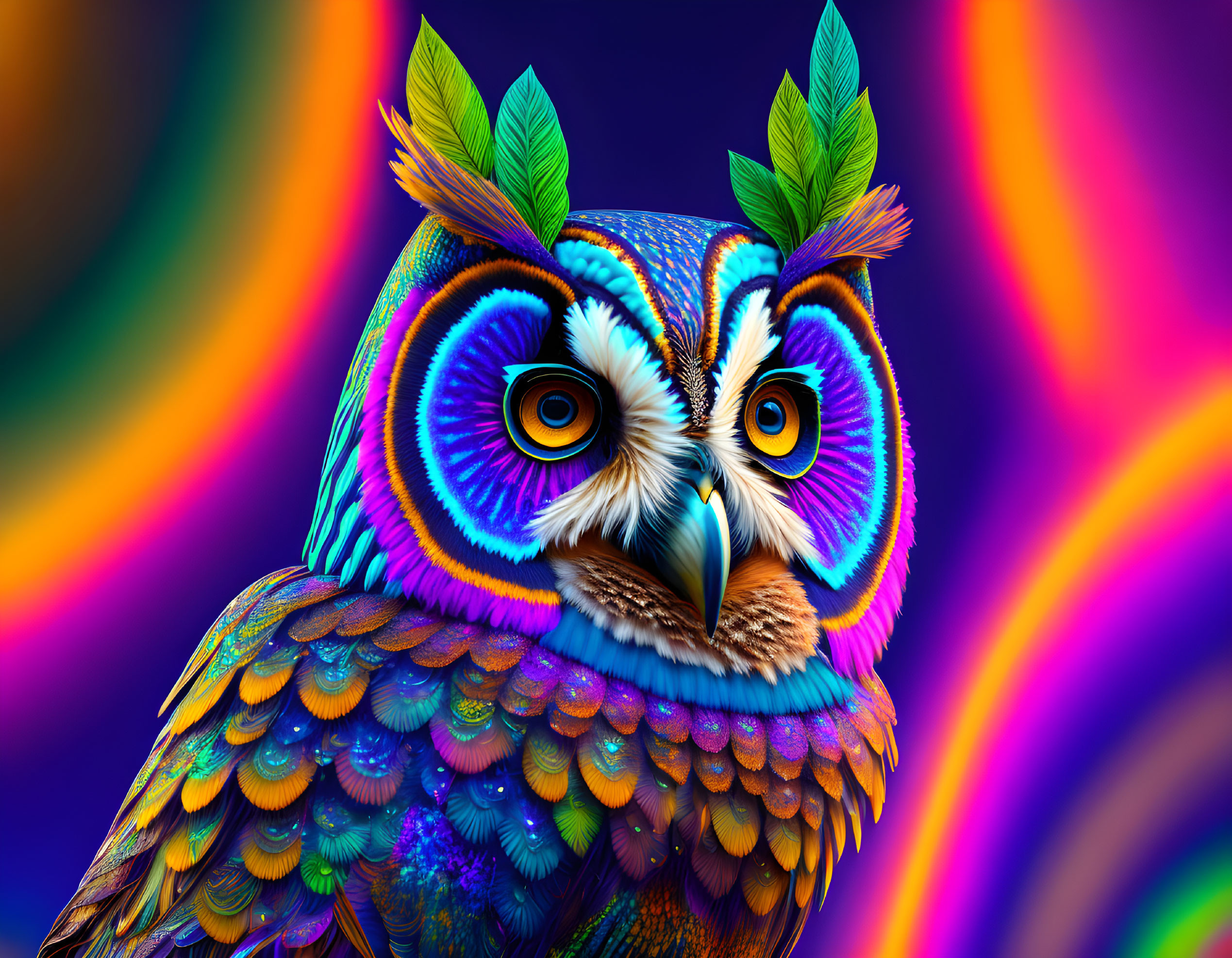 Colorful Owl Art with Patterned Plumage and Leaf-like Feathers on Swirling Background