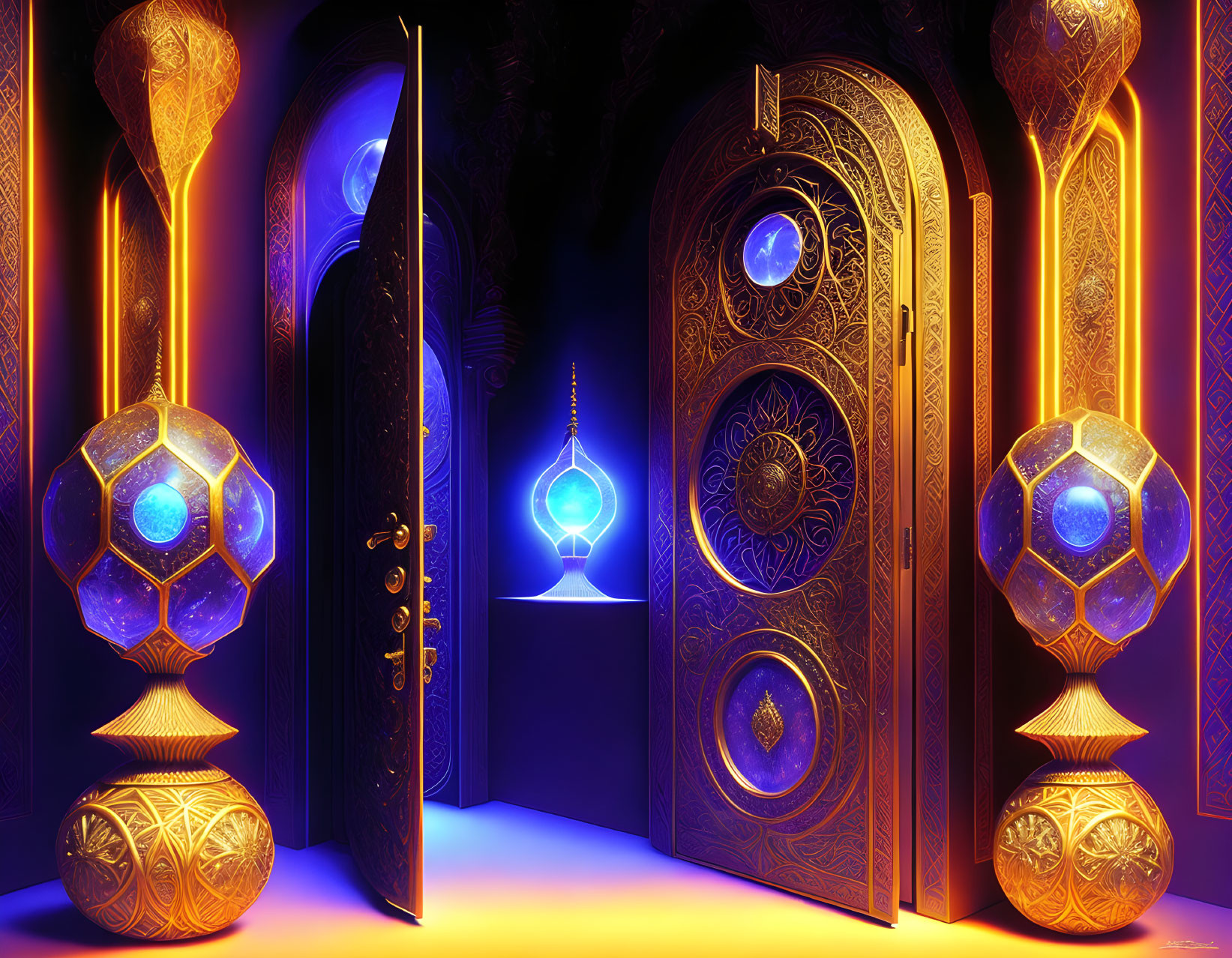 Vibrant fantasy scene with ornate golden doors and glowing blue crystals