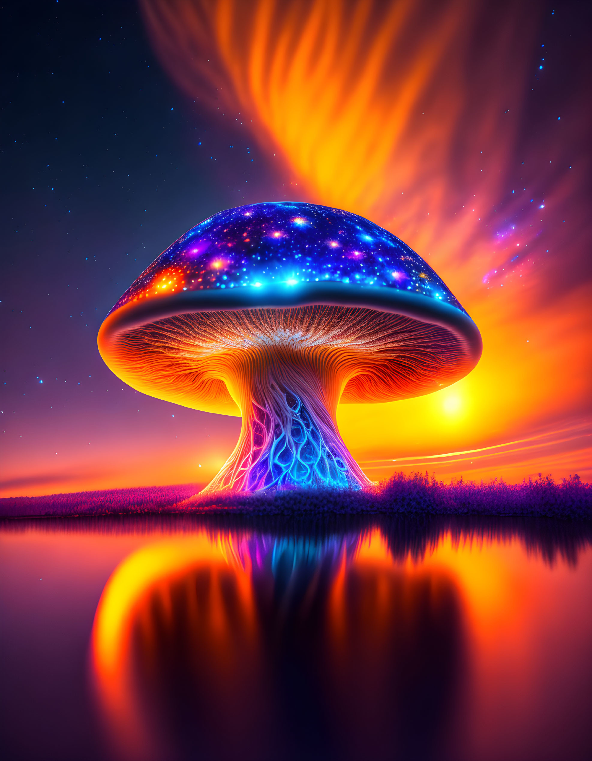 Colorful Giant Mushroom Artwork with Star-Filled Cap Reflecting in Water at Sunset