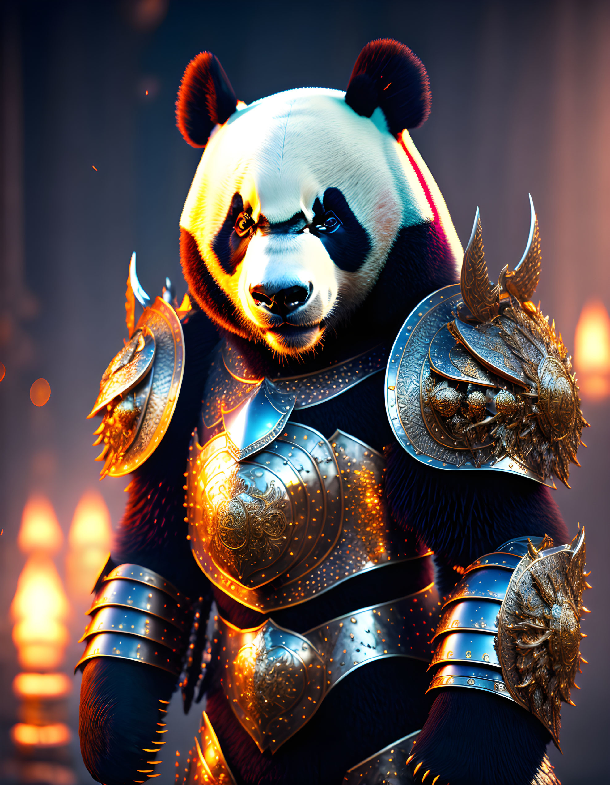 Detailed illustration: Panda in ornate golden armor with noble warrior vibe, against dimly lit background