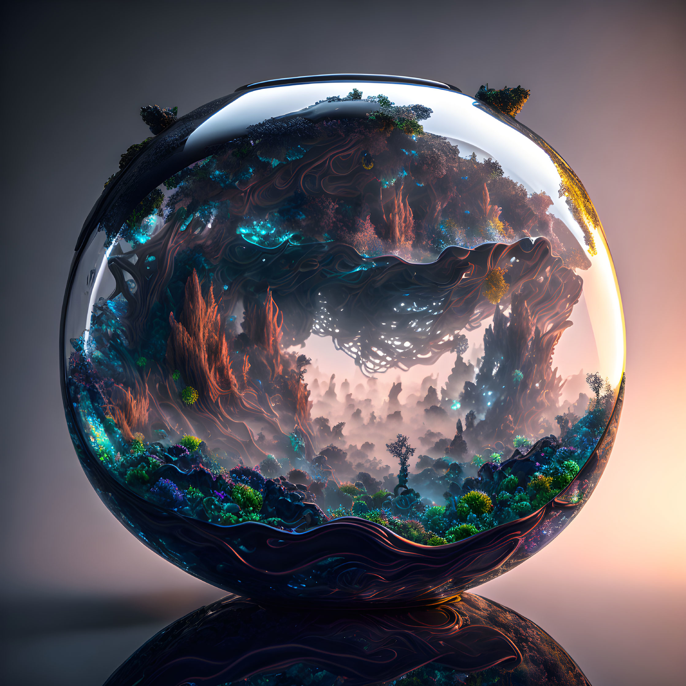 Lush Terrarium Ecosystem in Glass Sphere