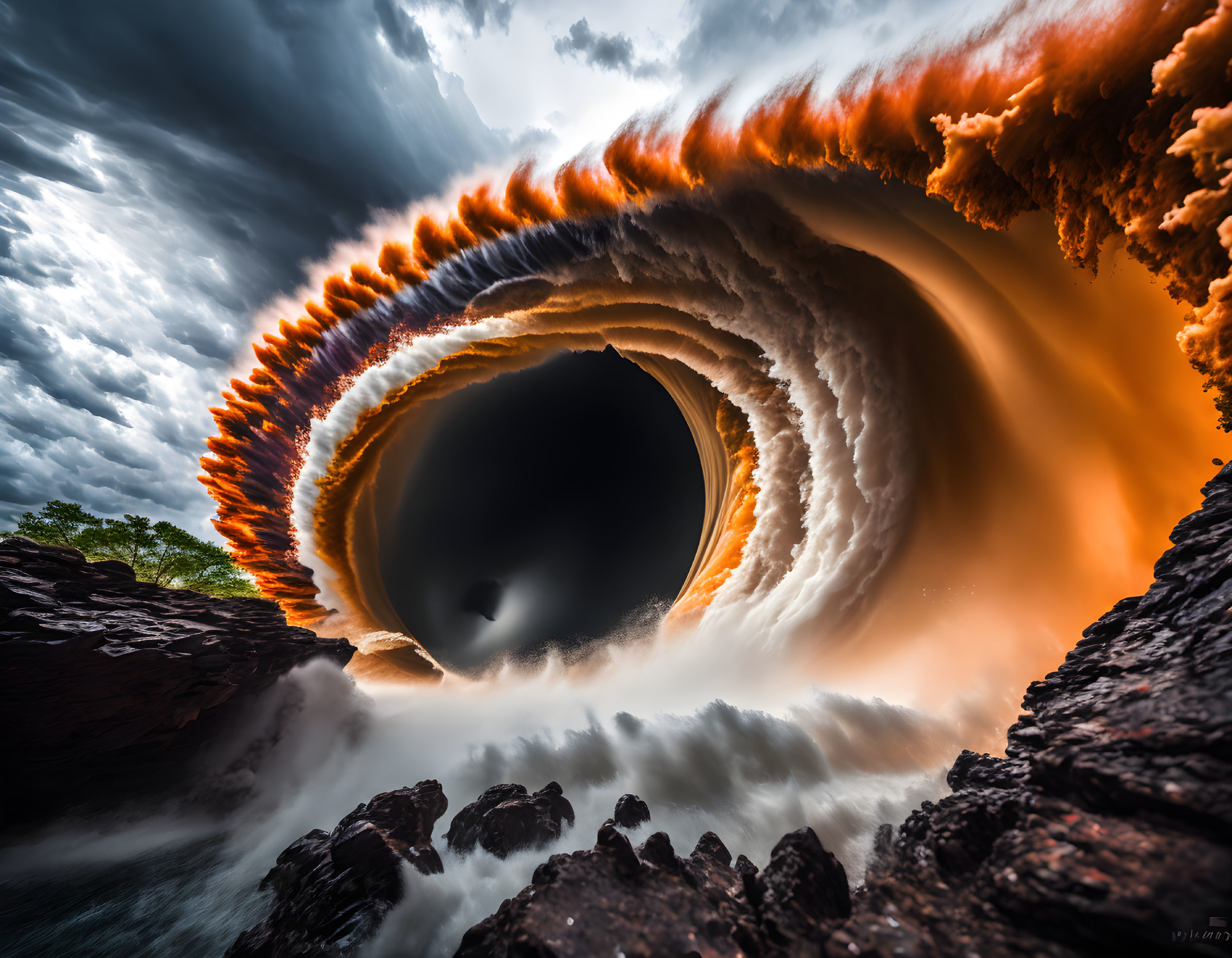 Surreal swirling orange and black vortex in the sky over rocky terrain