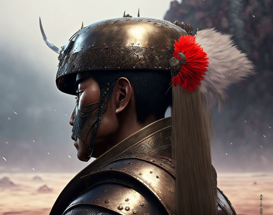 Detailed Metal Face Guard with Red Plume Helmet Profile View