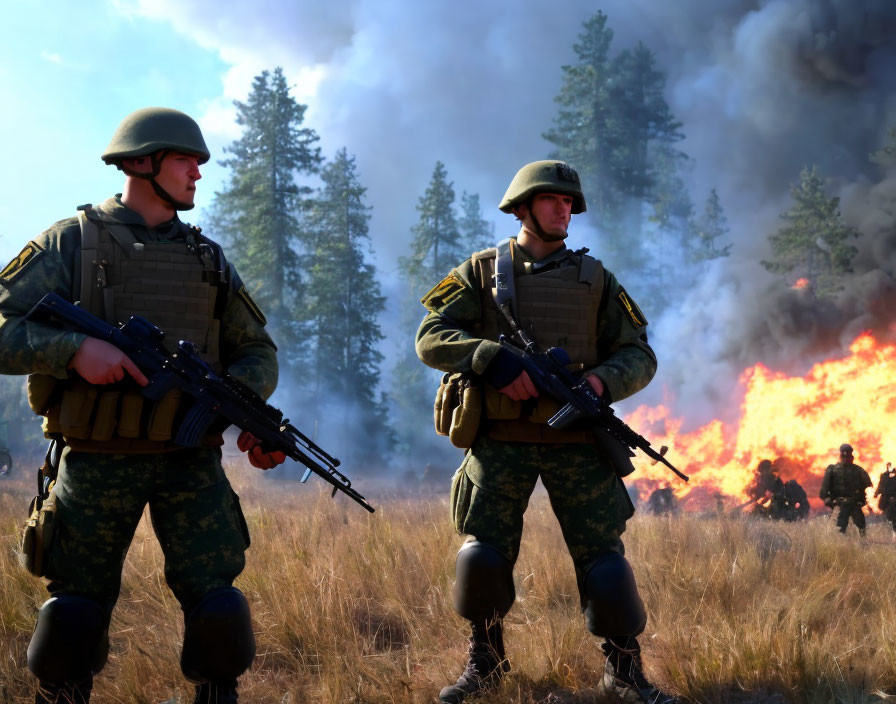 Soldiers in camouflage with rifles in forest fire backdrop