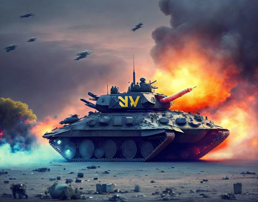 Military tank with "WN" emblem in chaotic battlefield with explosions, helicopters