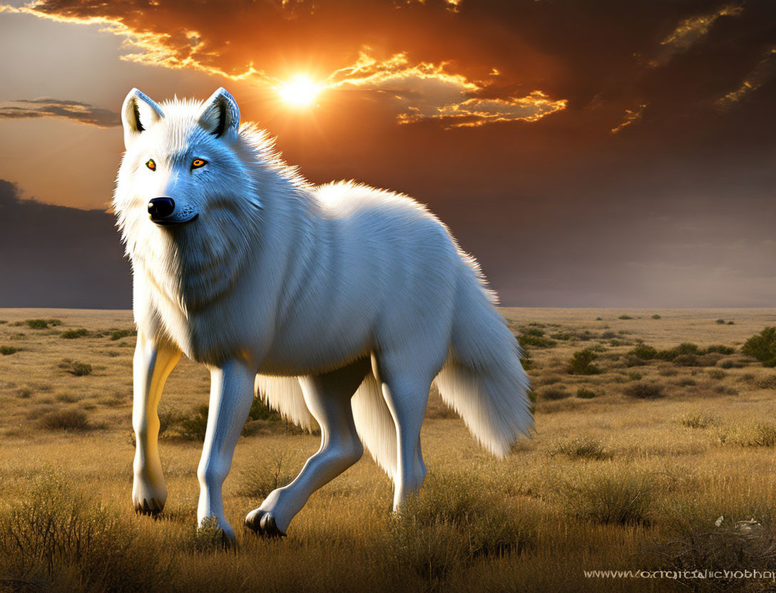Majestic white wolf in grassy plain at sunset