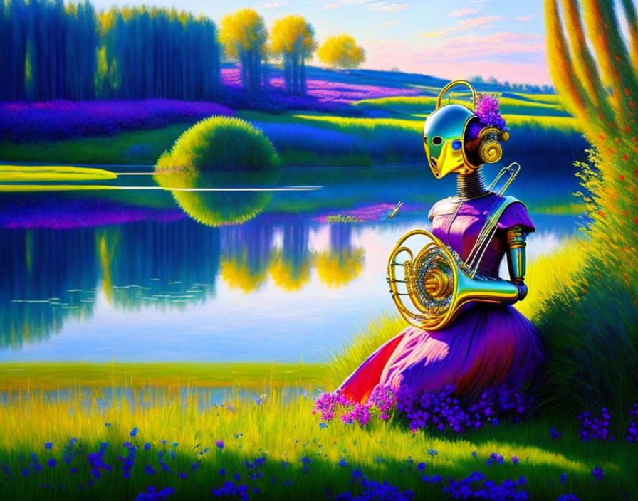 Colorful Robot in Violet Dress with French Horn by Serene Lake