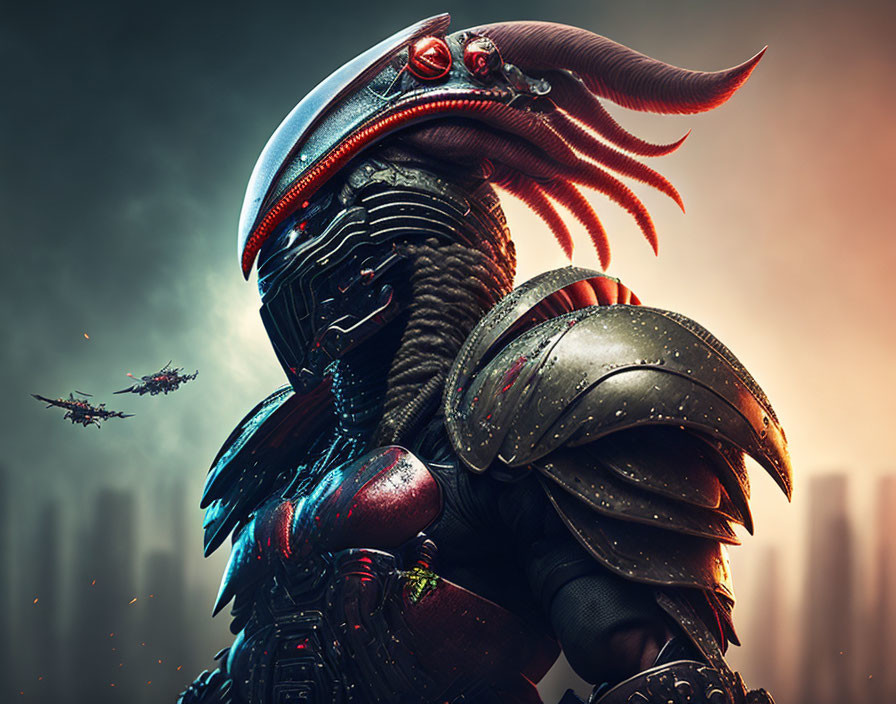 Armored alien with dreadlocks in helmet, red glowing eyes, futuristic cityscape.